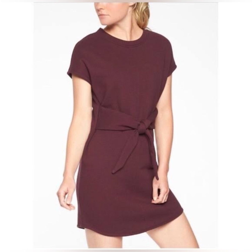Athleta Embrace Sweater Dress Burgundy Belted Tie Waist Athleisure Short Sleeve